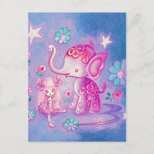 Süßer Elefant mit Mädchen mit rosa Haaren Postkarte