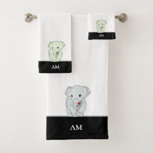 Süßer Elefant & Monogramm auf Schwarz & Weiß Badhandtuch Set