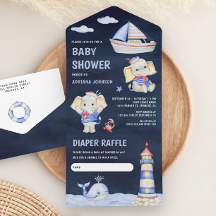 Süßer Elefant, nautisches Boot, marineblaue Babypa All In One Einladung