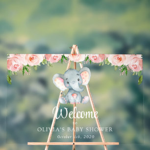 Süßer Elefant, rosa Blumen, Babyparty-Willkommen Acrylschild