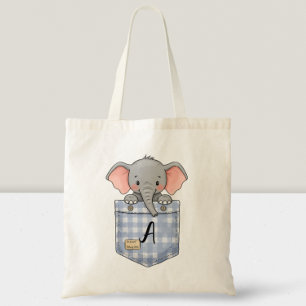 Süßer Elefant schaut aus der Tasche mit Initiale
