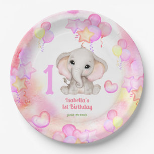 Süßer Elefant Sommer Buntes Mädchen 1. Geburtstag Pappteller