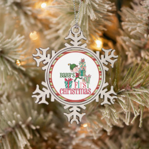 Süßer Elf mit Geschenken Baby's erstes Weihnachten Schneeflocken Zinn-Ornament