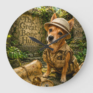 Süßer Entdeckerhund Antike Dschungelruinen Kunst Große Wanduhr