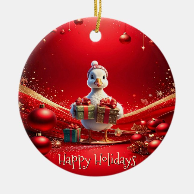 Süßer Enten-Weihnachtsbaumschmuck Keramik Ornament (Vorne)