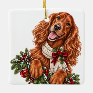 SÜßER ENTZÜCKENDER WEIHNACHTS IRISH SETTER HUND KERAMIKORNAMENT