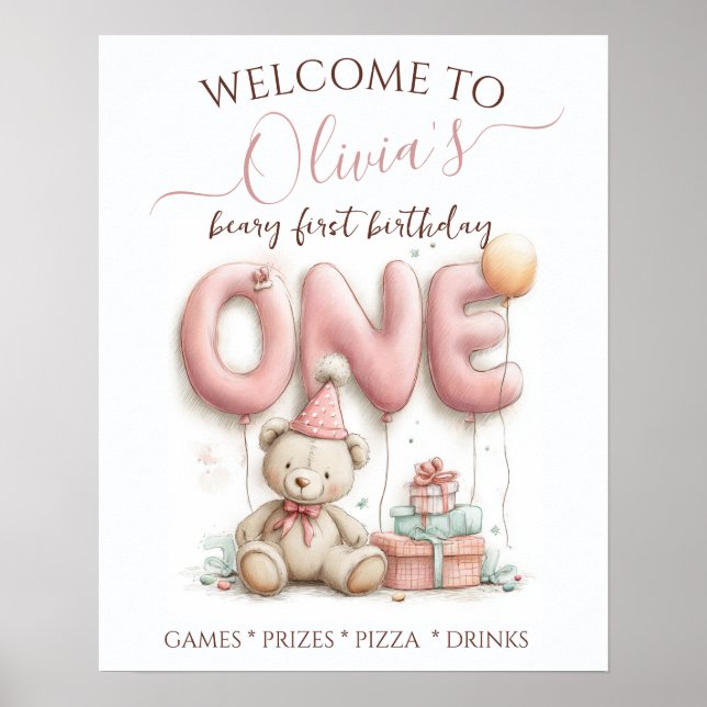 Süßer erster Geburtstag mit Teddybär  Poster (Vorne)