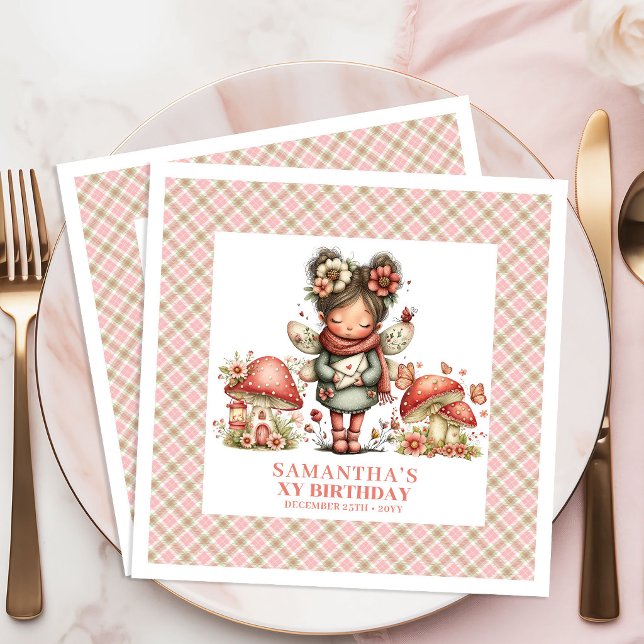 Süßer Feenpilz Rosa Blumiger Geburtstagsparty Serviette (Cute Fairy Mushroom Pink Floral Birthday Party Napkins)