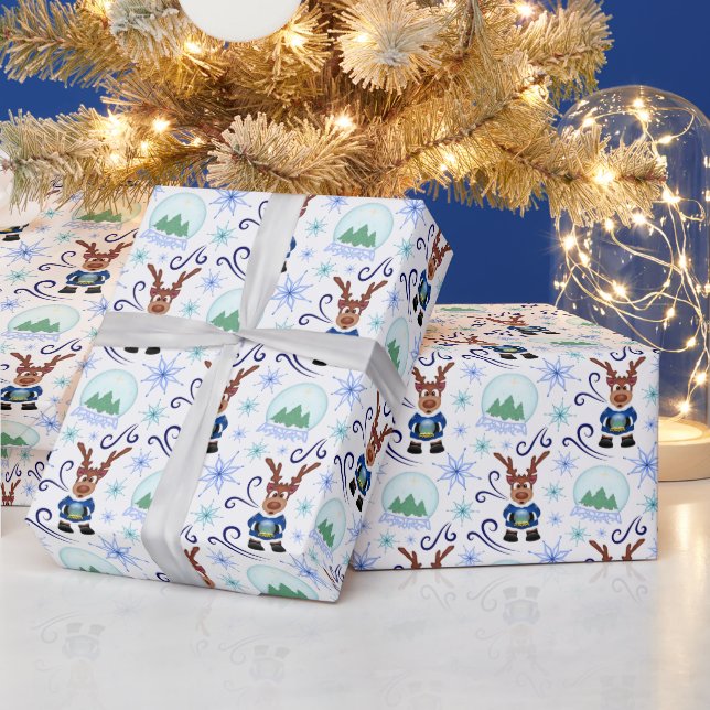 Süßer festlicher blauer Weihnachtsrentier Geschenkpapier (Feiertage)