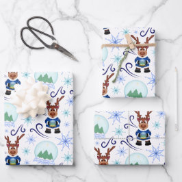 Süßer festlicher blauer Weihnachtsrentier Geschenkpapier Set