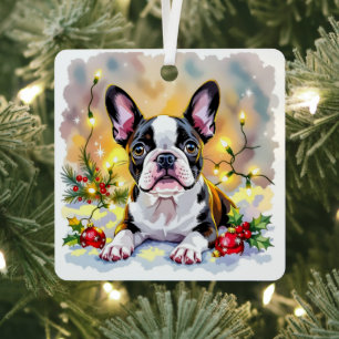 Süßer festlicher Boston Terrier personalisiertes W Ornament Aus Metall