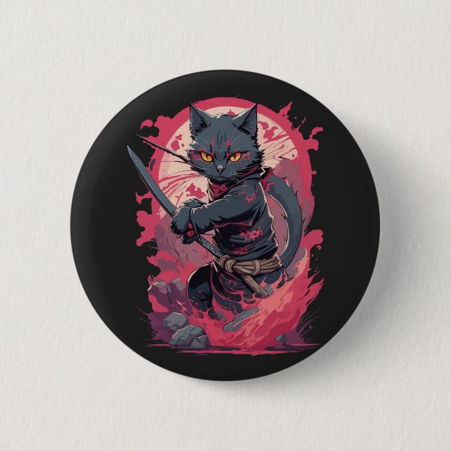 Süßer Feuer-Splash-Schwarzer-Ninja-Katze-Krieger Button (Vorderseite)