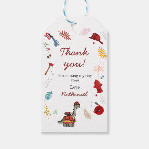 Süßer Feuerwehr-Dinosaurier-Geburtstags-Dankeschön Geschenkanhänger