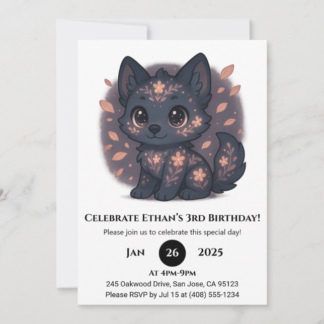 Süßer floraler Wolf Geburtstag Einladung (Vorderseite)