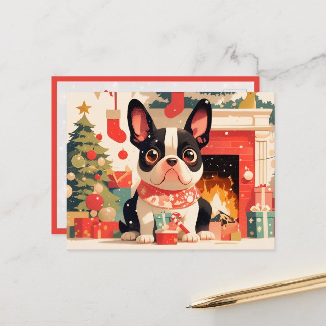 Süßer Französische Bulldogge am Weihnachts-Kamin Postkarte (Vorderseite/Rückseite Beispiel)