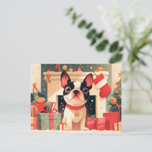 Süßer Französischer Bulldogge am Weihnachts-Kamin Feiertagspostkarte