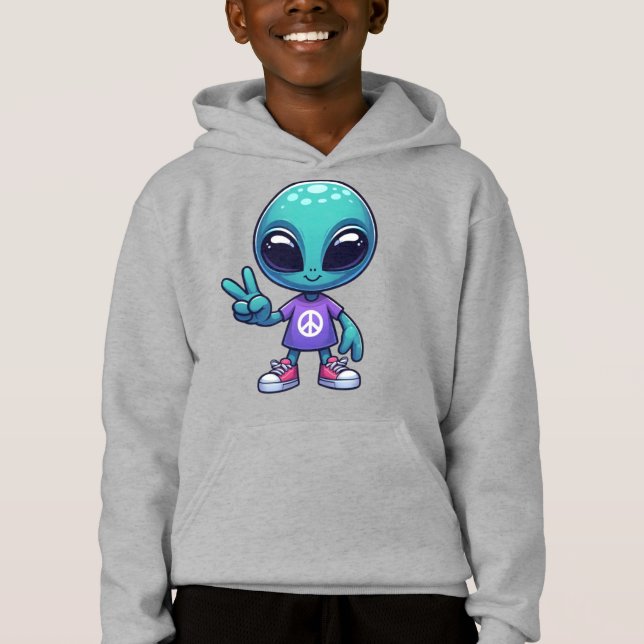 Süßer Friedens-Alien & Raumschiff Hoodie (Vorderseite)