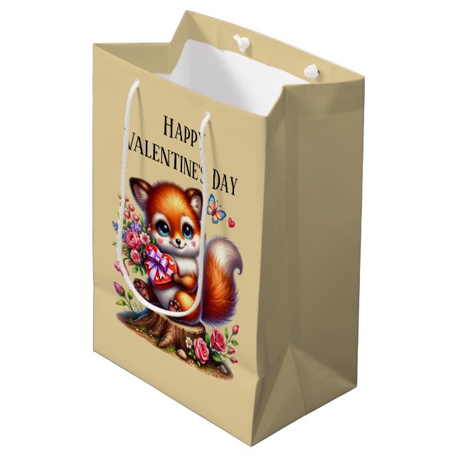 Süßer Froher Valentinstag Fuchs Mittlere Geschenktüte (Vorderseite Schrägansicht)
