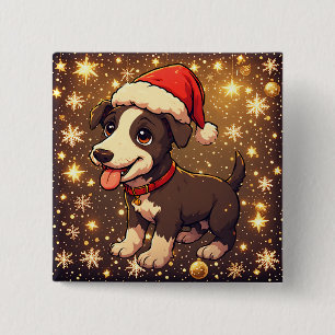 Süßer fröhlicher Weihnachtshund mit Santa-Hut Button