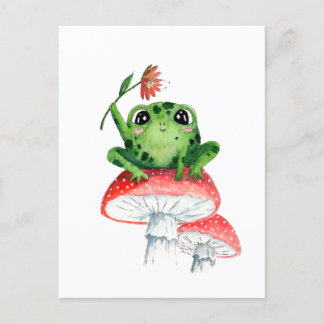 Süßer Frosch auf Pilz Original-Aquarellmalerei Postkarte