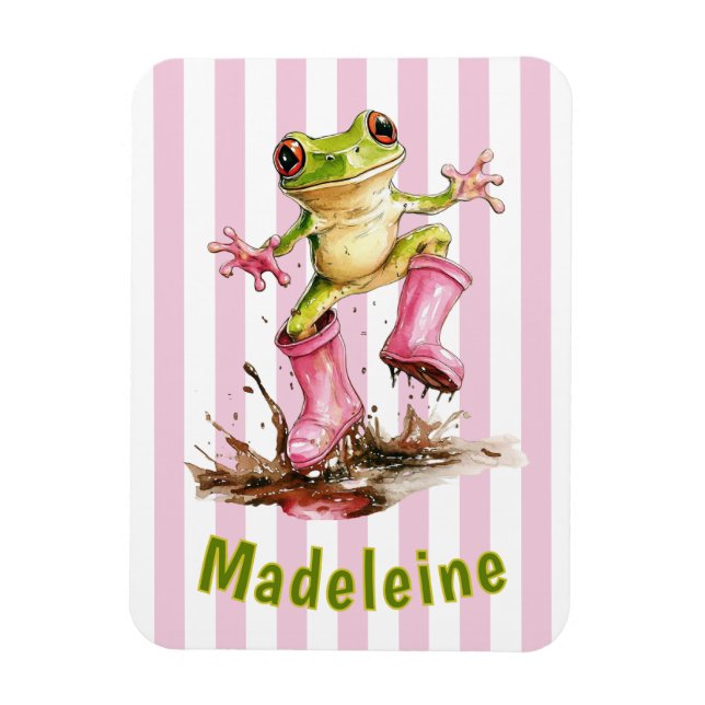 Süßer Frosch in rosa Regenstiefeln mit Monogramm u Magnet (Vertikal)