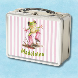 Süßer Frosch in rosa Regenstiefeln mit Monogramm u Metall Brotdose