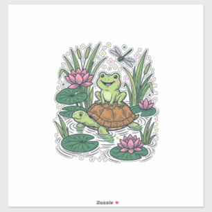 Süßer Frosch reitet auf Schildkröte Teich Vintage Aufkleber