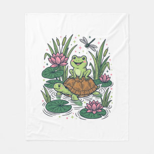 Süßer Frosch reitet auf Schildkröte Teich Vintage Fleecedecke