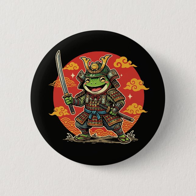 Süßer Frosch Samurai Cartoon Tier Krieger Design Button (Vorderseite)