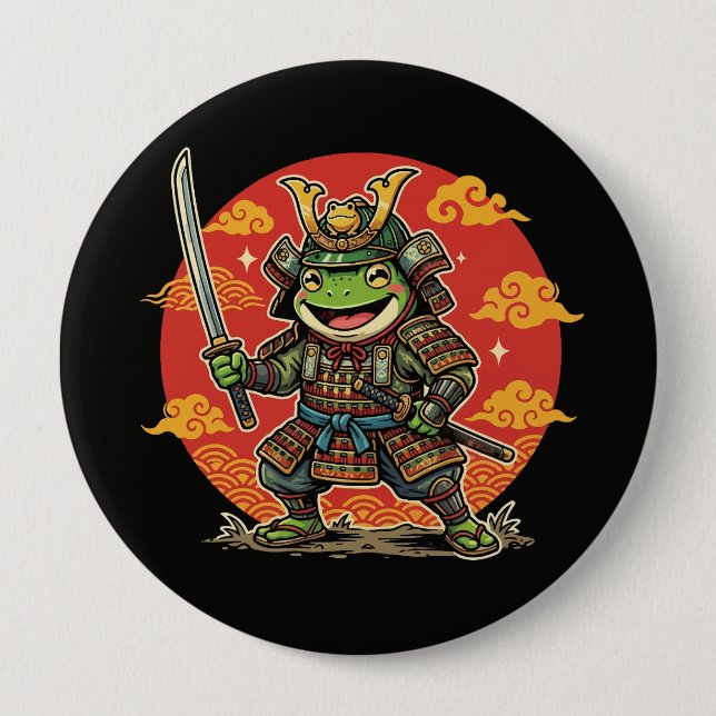 Süßer Frosch-Samurai-Cartoon-Tierkrieger-Design Button (Vorderseite)