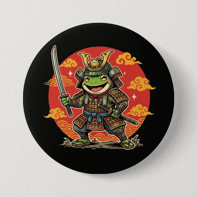 Süßer Frosch-Samurai-Cartoon-Tierkrieger-Design Button (Vorderseite)
