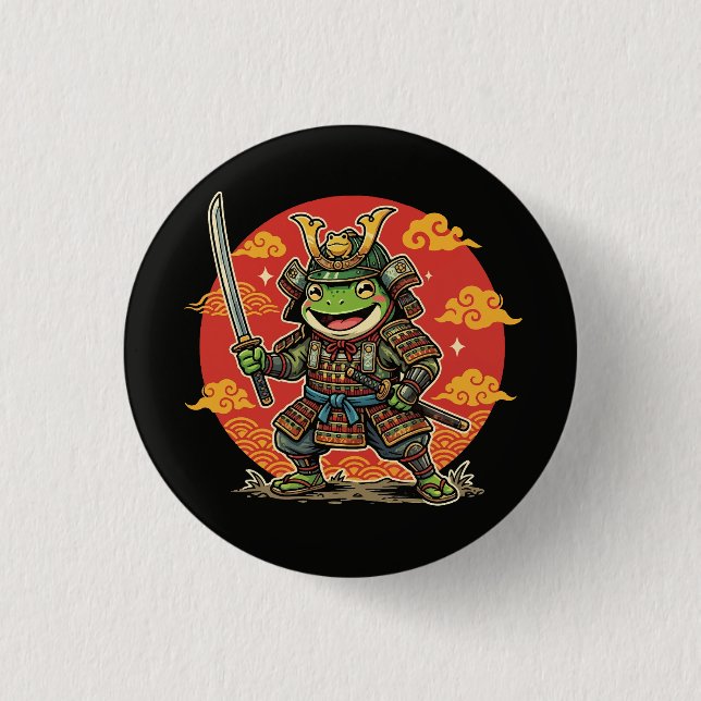 Süßer Frosch-Samurai-Cartoon-Tierkrieger-Design Button (Vorderseite)