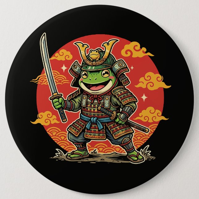 Süßer Frosch-Samurai-Cartoon-Tierkrieger-Design Button (Vorderseite)