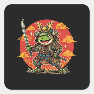 Süßer Frosch-Samurai-Cartoon-Tierkrieger-Design Quadratischer Aufkleber