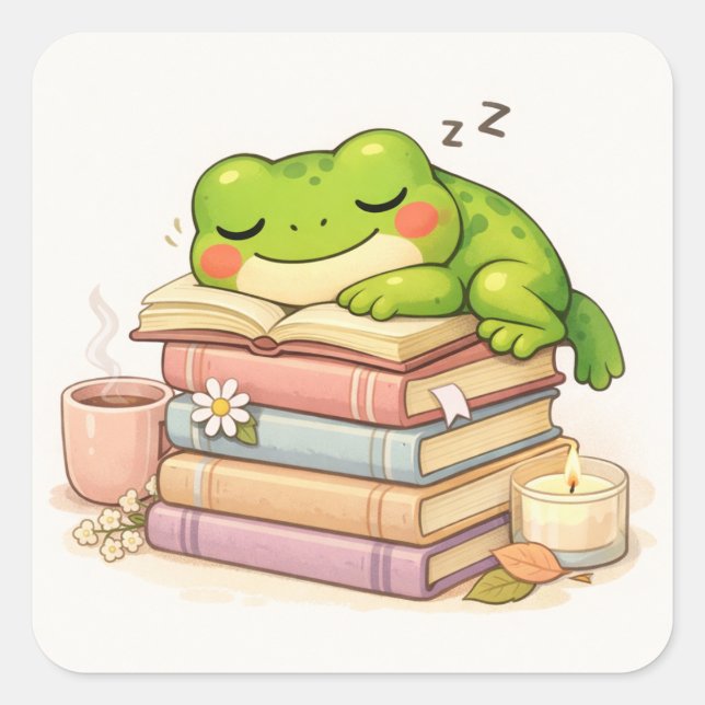 Süßer Frosch schläft auf Büchern Quadratischer Aufkleber (Vorderseite)