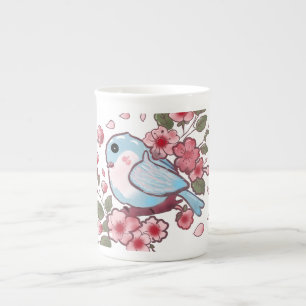 Süßer Frühlingsblaue Vogel & Kirschblüten-Aquarell Prozellantasse