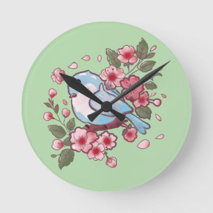 Süßer Frühlingsblaue Vogel & Kirschblüten-Aquarell Runde Wanduhr