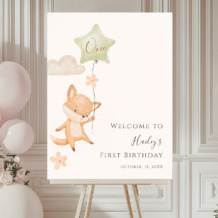 Süßer Fuchs fliegt mit Luftballon zum ersten Gebur Poster