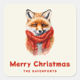 Süßer Fuchs in einem roten Schal Winter Weihnachte Quadratischer Aufkleber