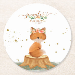 Süßer Fuchs mit Blumenkrone Baby Shower Runder Pappuntersetzer