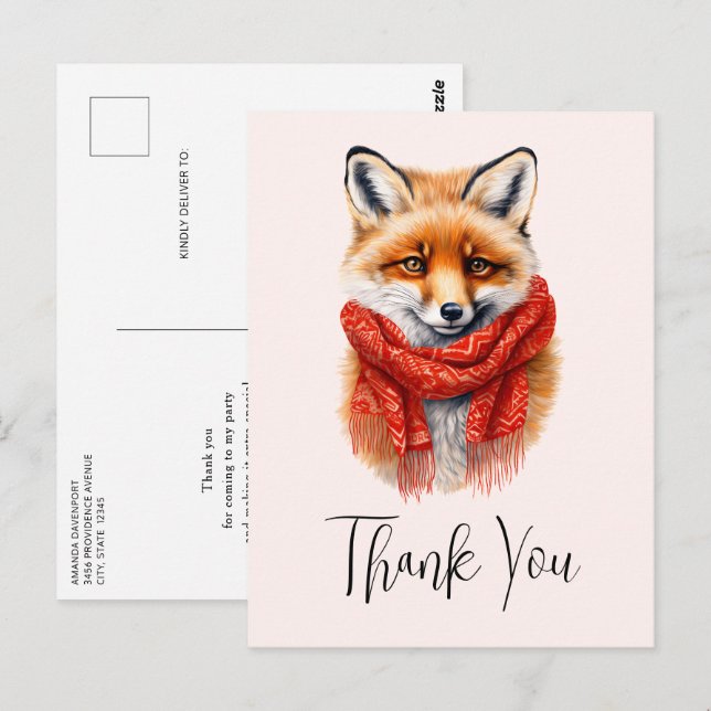 Süßer Fuchs mit rotem Schal Herbstbild Danke Postkarte (Vorne/Hinten)