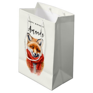 Süßer Fuchs mit rotem Schal Herbstbild Geburtstag Mittlere Geschenktüte