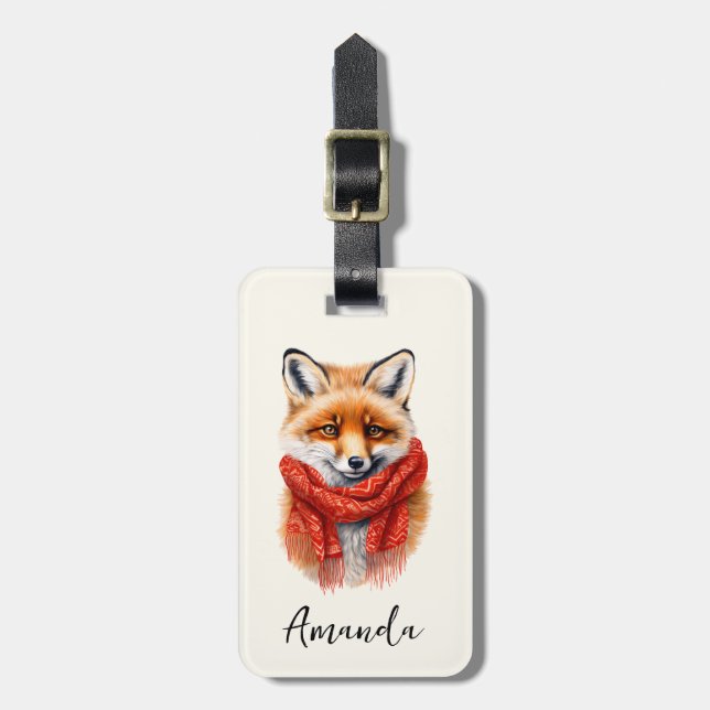 Süßer Fuchs mit rotem Schal Herbstbild Gepäckanhänger (Vorderseite vertikal)