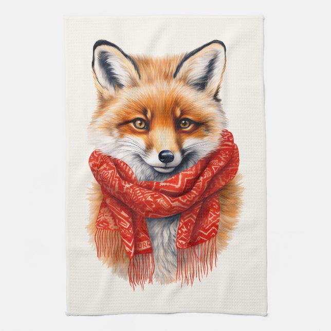 Süßer Fuchs mit rotem Schal Herbstbild Geschirrtuch (Vertikal)