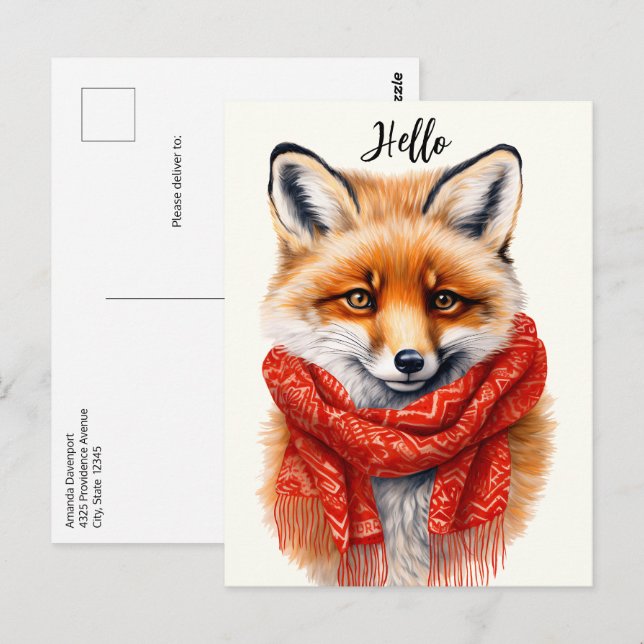Süßer Fuchs mit rotem Schal Herbstbild Postkarte (Vorne/Hinten)