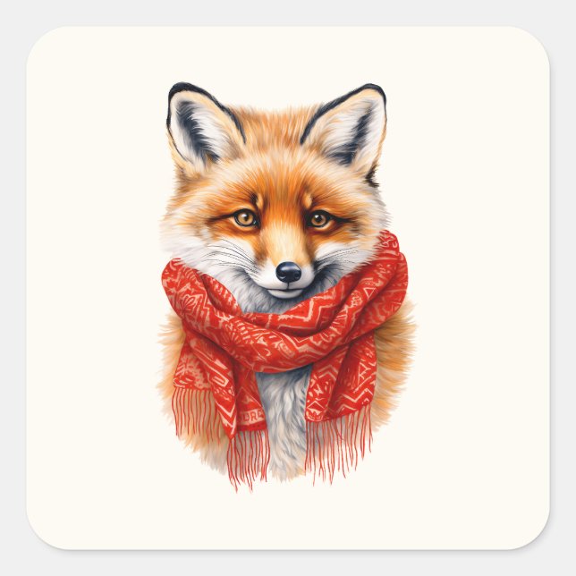 Süßer Fuchs mit rotem Schal Herbstbild Quadratischer Aufkleber (Vorderseite)