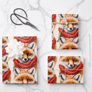 Süßer Fuchs mit rotem Schal Herbstmuster Geschenkpapier Set