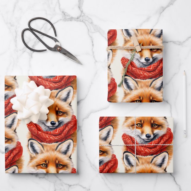 Süßer Fuchs mit rotem Schal Herbstmuster Geschenkpapier Set (Vorderseite)