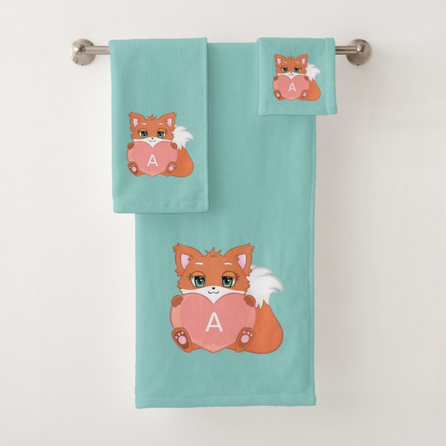 Süßer Fuchs & Monogramm auf Hellblau Badhandtuch Set (Insitu)