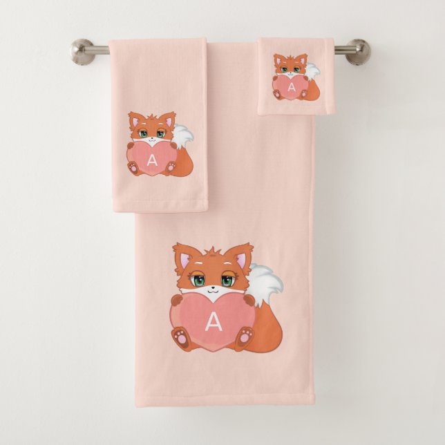 Süßer Fuchs & Monogramm auf Hellkorallenrosa Badhandtuch Set (Insitu)